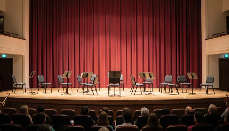 A concert hall stage seen from the middle of the house, chairs and music stands waiting in a half circle in front of a tall red curtain, the heads and shoulders of a seated audience in the dark foreground.