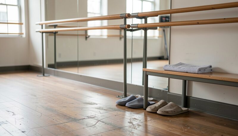A dance studio with nobody in it: a wooden barre fixed along the mirrored wall, a scuffed wooden floor, a pair of worn slippers by the baseboard and a folded towel on a bench.