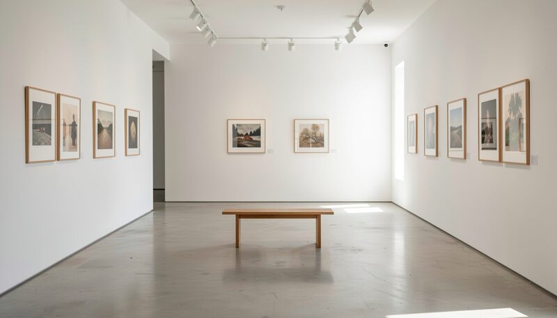 A quiet gallery room with framed works hung on pale walls, a polished concrete floor catching the light, and a single low bench standing empty in the centre of the room.