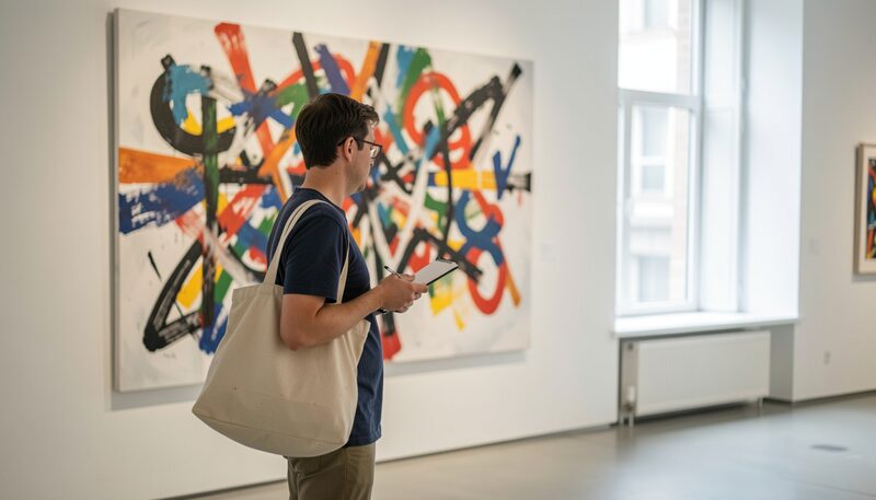 A visitor pausing before a large abstract canvas in a bright gallery, notebook in one hand and a tote bag over the shoulder, seen from behind and slightly to the side.