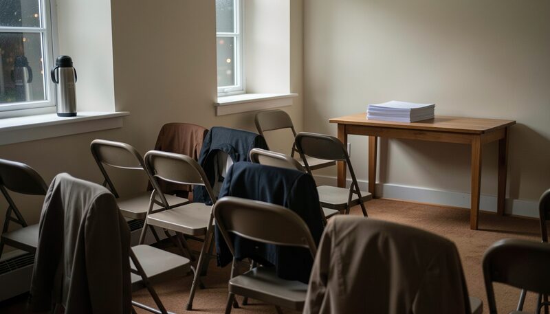 A church hall at night set out for a rehearsal: rows of folding chairs with coats over the backs, a thermos standing on the windowsill and a stack of blank unprinted folders on a wooden table, nobody in the room.