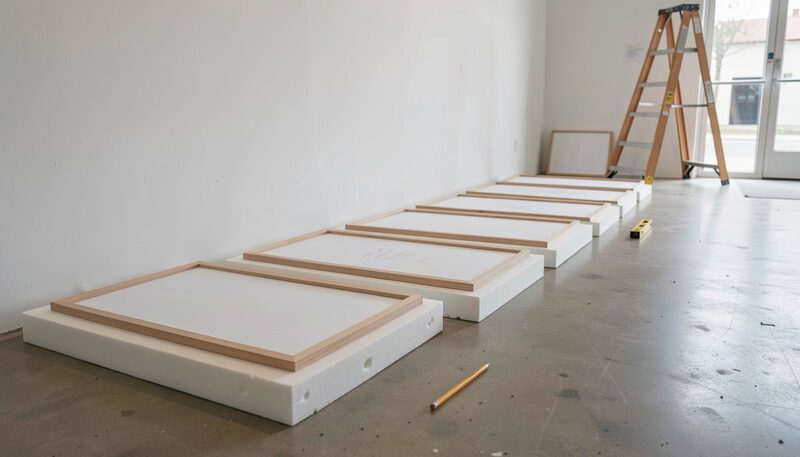 A gallery wall before opening, with a row of framed works lying face up on foam pads, a pencil and a small level on the concrete floor and a stepladder standing in the corner.