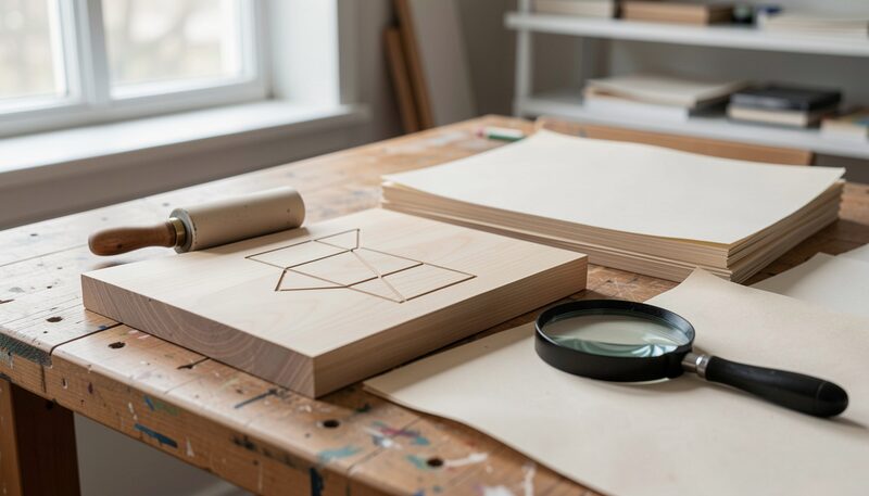 A print studio table in daylight: a plain carved woodblock carrying a geometric pattern and no letters, an ink brayer beside it, a stack of dry cotton paper and a magnifying loupe in the foreground.