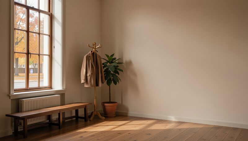 A theatre lobby in autumn light with a wooden bench, a coat rack holding a single coat, a tall window and a potted plant, bare walls with nothing written or hung, and no paper visible anywhere.