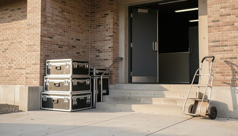 A loading dock in the afternoon with road cases stacked against a brick wall, a flight of concrete steps up to an open stage door and a hand truck leaning beside them, no lettering anywhere in the frame.